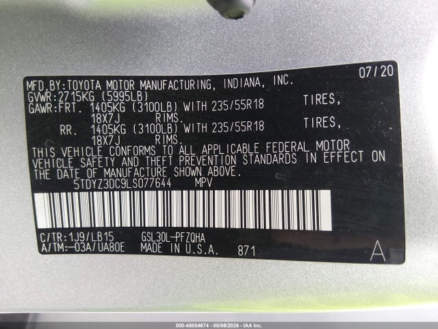 45054674 :رقم المزاد ، 5TDYZ3DC9LS077644 vin ، 2020 Toyota Sienna Limited Premium مزاد بيع