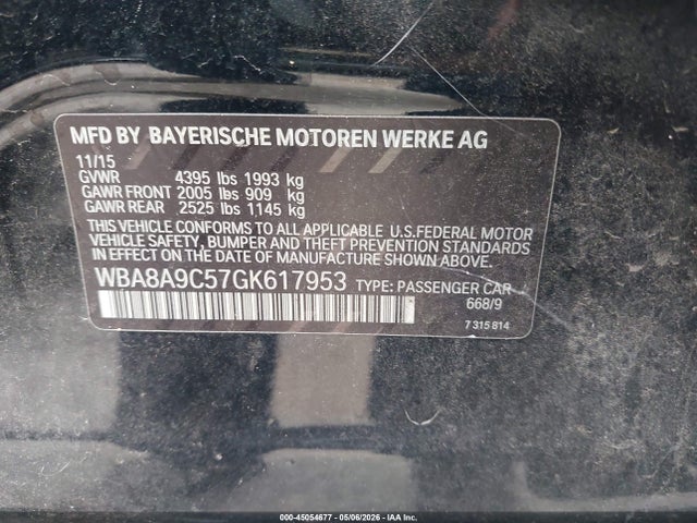 2016 Bmw 320i მანქანა იყიდება აუქციონზე, vin: WBA8A9C57GK617953, აუქციონის ნომერი: 45054677