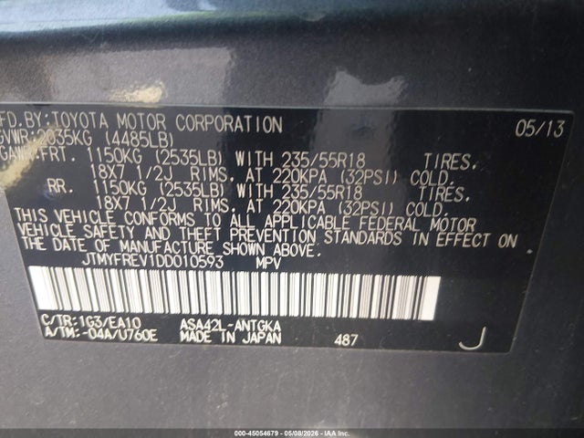 45054679 :رقم المزاد ، JTMYFREV1DD010593 vin ، 2013 Toyota Rav4 Limited مزاد بيع