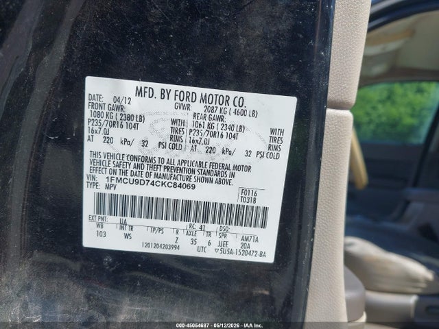 2012 Ford Escape Xlt მანქანა იყიდება აუქციონზე, vin: 1FMCU9D74CKC84069, აუქციონის ნომერი: 45054687