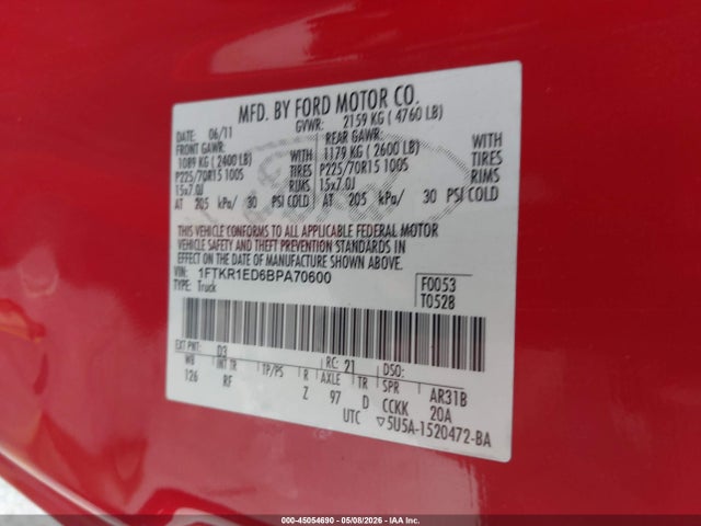 Aukcja sprzedaży 2011 Ford Ranger Xlt, vin: 1FTKR1ED6BPA70600, numer aukcji: 45054690