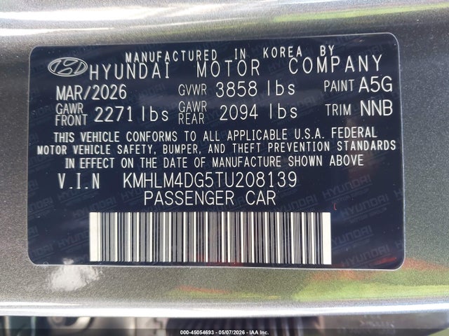 Aukcja sprzedaży 2026 Hyundai Elantra Sel Sport, vin: KMHLM4DG5TU208139, numer aukcji: 45054693