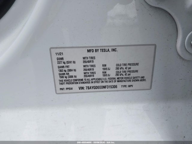 7SAYGDEE0NF315306 Tesla Model Y Long Range Dual Motor All-wheel Drive