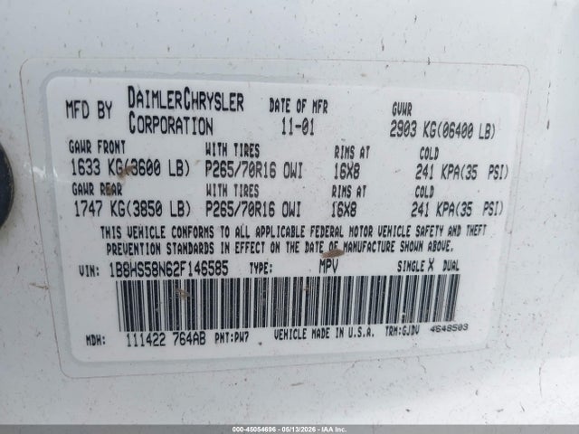 Продаж на аукціоні авто 2002 Dodge Durango Slt Plus, vin: 1B8HS58N62F146585, номер лоту: 45054696