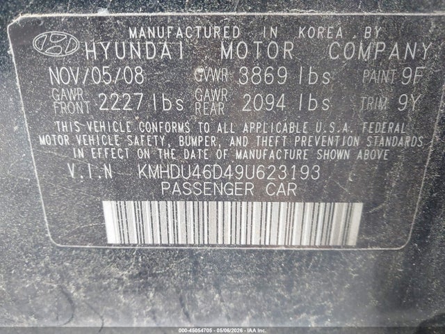 45054705 :رقم المزاد ، KMHDU46D49U623193 vin ، 2009 Hyundai Elantra Gls مزاد بيع