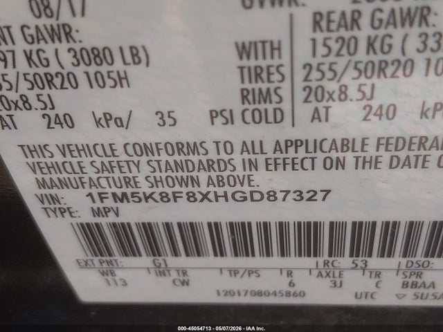 Auction sale of the 2017 Ford Explorer Limited, vin: 1FM5K8F8XHGD87327, lot number: 45054713