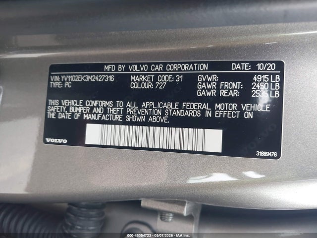 45054723 :رقم المزاد ، YV1102EK3M2427316 vin ، 2021 Volvo V60 T5 Momentum مزاد بيع