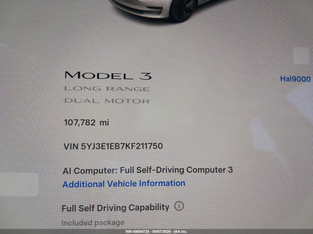 Aukcja sprzedaży 2019 Tesla Model 3 Long Range/performance, vin: 5YJ3E1EB7KF211750, numer aukcji: 45054725