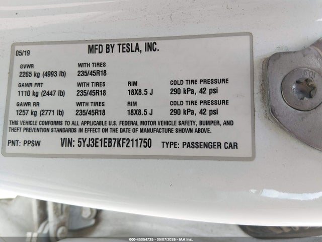 Aukcja sprzedaży 2019 Tesla Model 3 Long Range/performance, vin: 5YJ3E1EB7KF211750, numer aukcji: 45054725