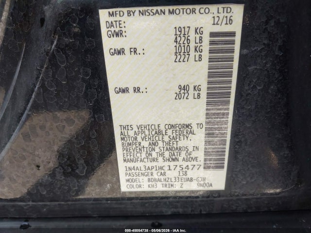 Auction sale of the 2017 Nissan Altima 2.5 Sr, vin: 1N4AL3AP1HC175477, lot number: 45054738