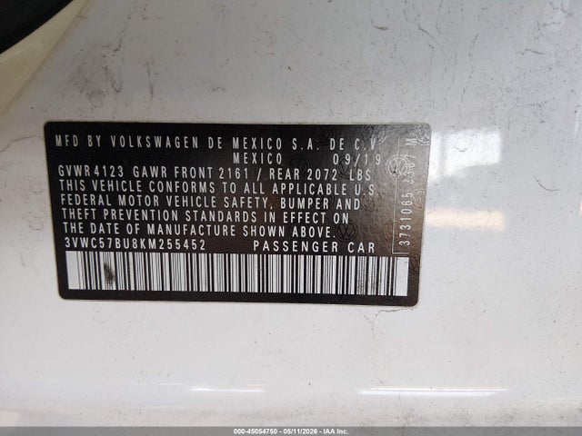 Aukcja sprzedaży 2019 Volkswagen Jetta 1.4t R-line/1.4t S/1.4t Se, vin: 3VWC57BU8KM255452, numer aukcji: 45054750