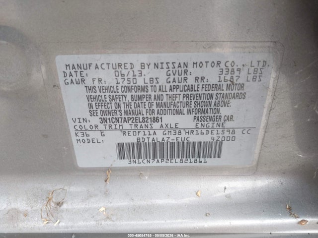 3N1CN7AP2EL821861 Nissan Versa 1.6 S+