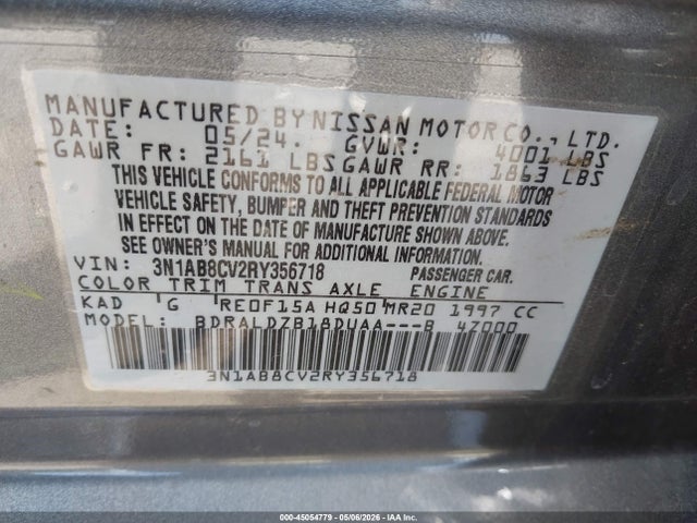 2024 Nissan Sentra Sv Xtronic Cvt მანქანა იყიდება აუქციონზე, vin: 3N1AB8CV2RY356718, აუქციონის ნომერი: 45054779