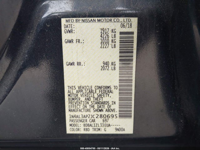 Продаж на аукціоні авто 2018 Nissan Altima 2.5 Sv, vin: 1N4AL3AP2JC280695, номер лоту: 45054785