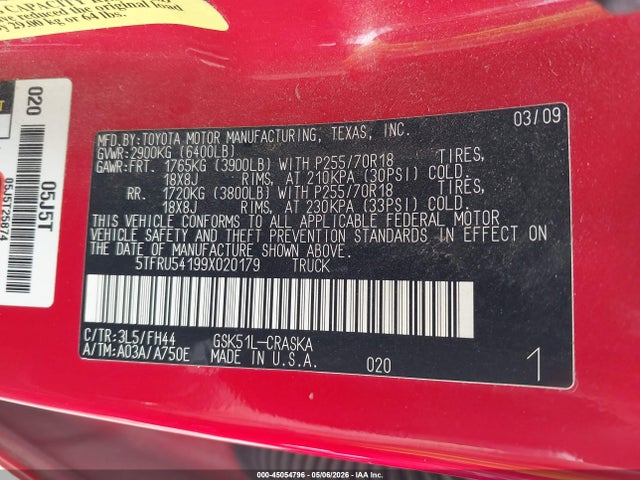 2009 Toyota Tundra Grade V6 მანქანა იყიდება აუქციონზე, vin: 5TFRU54199X020179, აუქციონის ნომერი: 45054796
