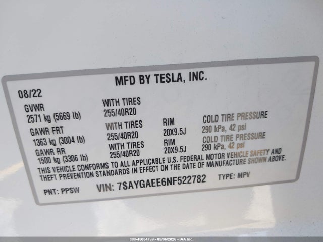 Aukcja sprzedaży 2022 Tesla Model Y Long Range Dual Motor All-wheel Drive, vin: 7SAYGAEE6NF522782, numer aukcji: 45054798