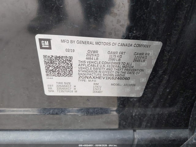 45054801 :رقم المزاد ، 2GNAXHEV1K6246060 vin ، 2019 Chevrolet Equinox Ls مزاد بيع
