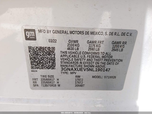 Aukcja sprzedaży 2022 Chevrolet Equinox Awd Lt, vin: 3GNAXUEV5NL190147, numer aukcji: 45054815