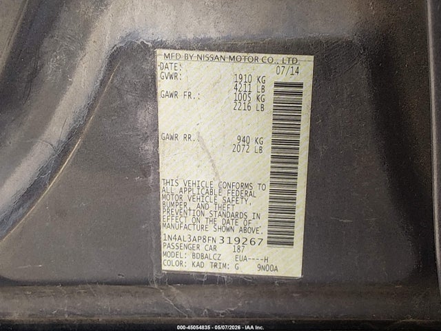 2015 Nissan Altima 2.5 S მანქანა იყიდება აუქციონზე, vin: 1N4AL3AP8FN319267, აუქციონის ნომერი: 45054835