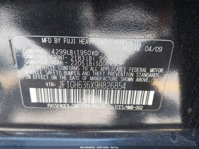 Auction sale of the 2009 Subaru Impreza Outback Sport, vin: JF1GH636X9H826854, lot number: 45054838