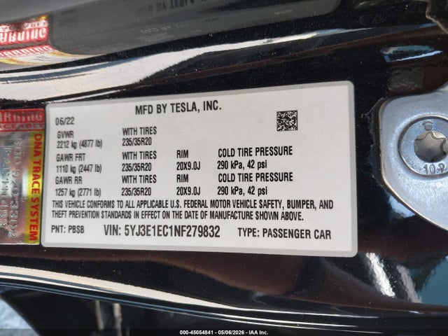 45054841 :رقم المزاد ، 5YJ3E1EC1NF279832 vin ، 2022 Tesla Model 3 Performance Dual Motor All-wheel Drive مزاد بيع