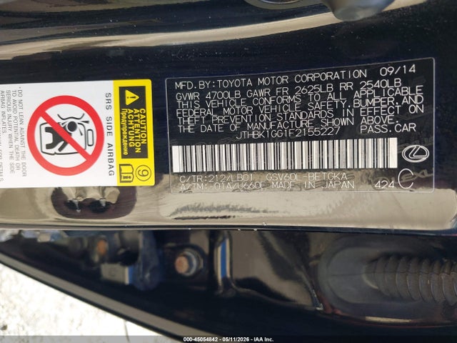 Aukcja sprzedaży 2015 Lexus Es 350, vin: JTHBK1GG1F2155227, numer aukcji: 45054842