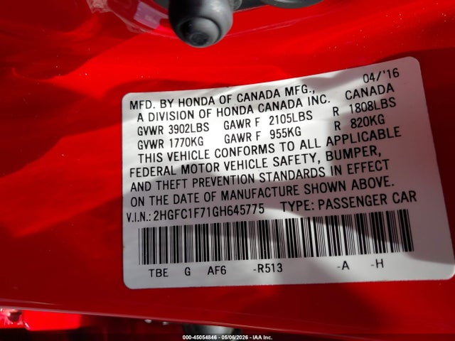 45054846 :رقم المزاد ، 2HGFC1F71GH645775 vin ، 2016 Honda Civic Ex-l مزاد بيع
