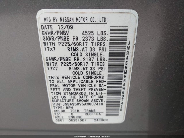 Aukcja sprzedaży 2010 Nissan Rogue Sl, vin: JN8AS5MV5AW607418, numer aukcji: 45054847