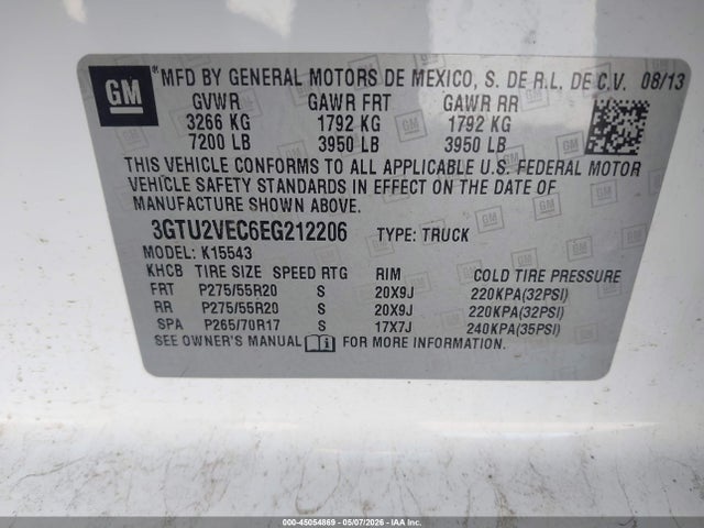 Продаж на аукціоні авто 2014 Gmc Sierra 1500 Slt, vin: 3GTU2VEC6EG212206, номер лоту: 45054869