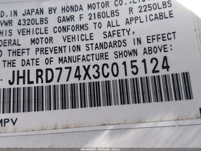 2003 Honda Cr-v Lx მანქანა იყიდება აუქციონზე, vin: JHLRD774X3C015124, აუქციონის ნომერი: 45054870