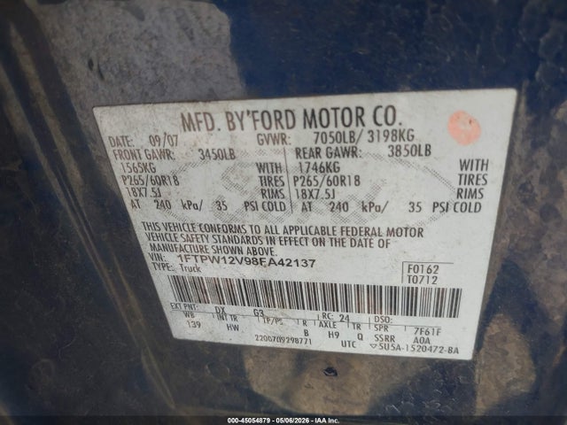Продаж на аукціоні авто 2008 Ford F-150 60th Anniversary/fx2/king Ranch/lariat/xlt, vin: 1FTPW12V98FA42137, номер лоту: 45054879