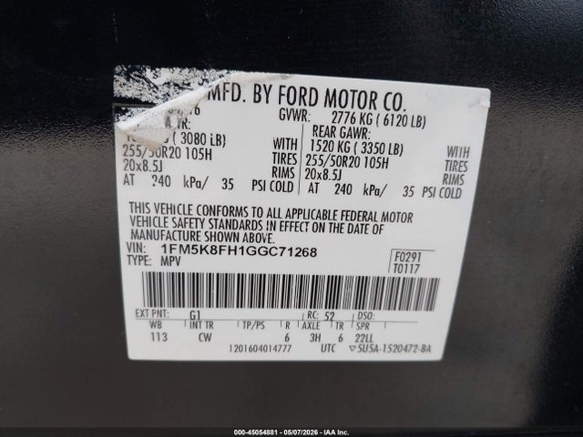 2016 Ford Explorer Limited მანქანა იყიდება აუქციონზე, vin: 1FM5K8FH1GGC71268, აუქციონის ნომერი: 45054881
