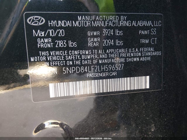 Aukcja sprzedaży 2020 Hyundai Elantra Sel, vin: 5NPD84LF2LH596527, numer aukcji: 45054883