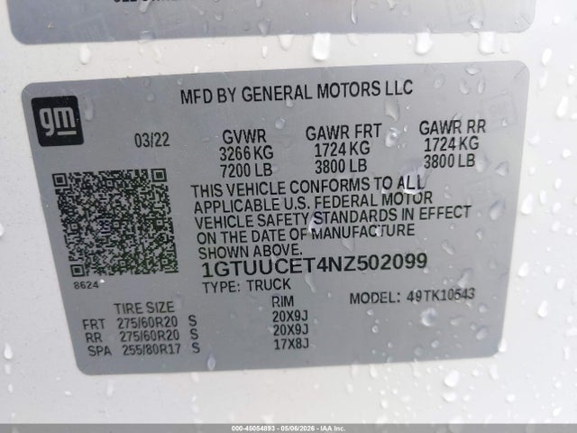 Продаж на аукціоні авто 2022 Gmc Sierra 1500 4wd  Short Box Elevation, vin: 1GTUUCET4NZ502099, номер лоту: 45054893