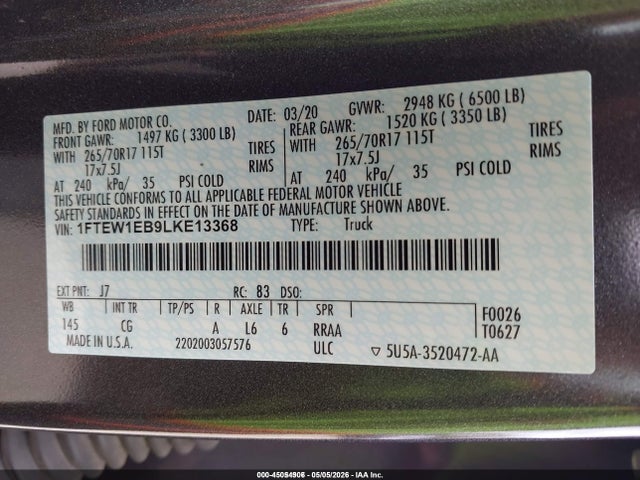 Auction sale of the 2020 Ford F-150 Xl, vin: 1FTEW1EB9LKE13368, lot number: 45054906