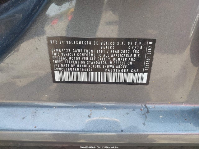 Продаж на аукціоні авто 2019 Volkswagen Jetta 1.4t R-line/1.4t S/1.4t Se, vin: 3VWC57BU4KM194374, номер лоту: 45054908