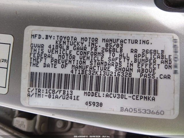 Продаж на аукціоні авто 2003 Toyota Camry Le, vin: 4T1BE32K13U216328, номер лоту: 45054910