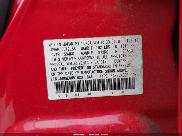 45054917 :رقم المزاد ، JHMGE8H51BC011846 vin ، 2011 Honda Fit Sport مزاد بيع