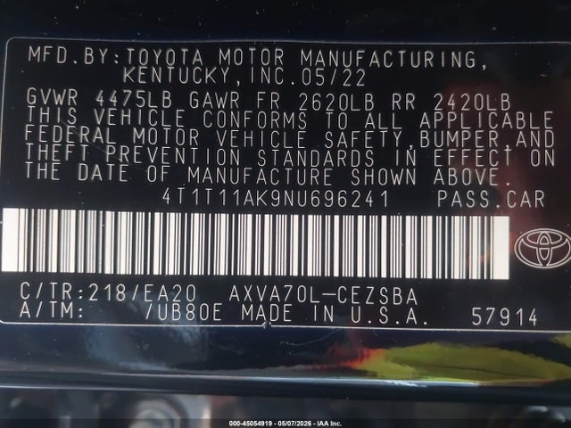 2022 Toyota Camry Se მანქანა იყიდება აუქციონზე, vin: 4T1T11AK9NU696241, აუქციონის ნომერი: 45054919
