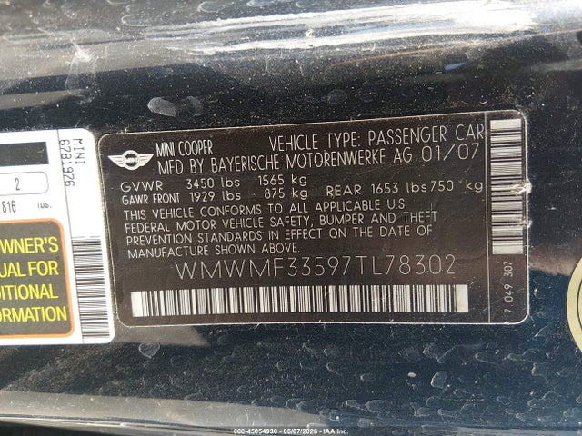 Продажа на аукционе авто 2007 Mini Cooper, vin: WMWMF33597TL78302, номер лота: 45054930