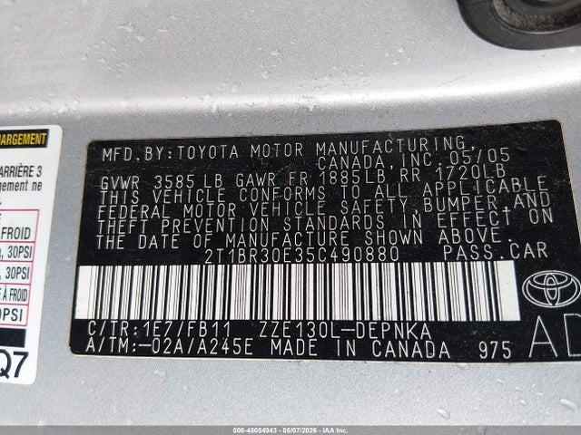 45054943 :رقم المزاد ، 2T1BR30E35C490880 vin ، 2005 Toyota Corolla Le مزاد بيع