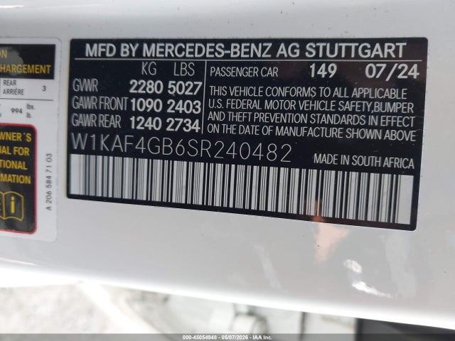 45054948 :رقم المزاد ، W1KAF4GB6SR240482 vin ، 2025 Mercedes-benz C 300 مزاد بيع