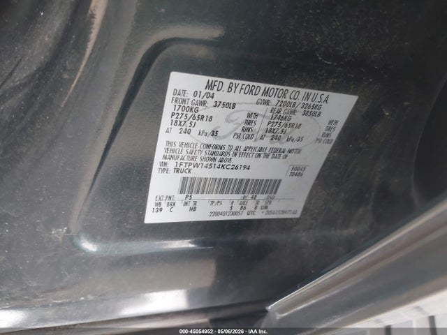 2004 Ford F-150 Fx4/lariat/xlt მანქანა იყიდება აუქციონზე, vin: 1FTPW14514KC26194, აუქციონის ნომერი: 45054952