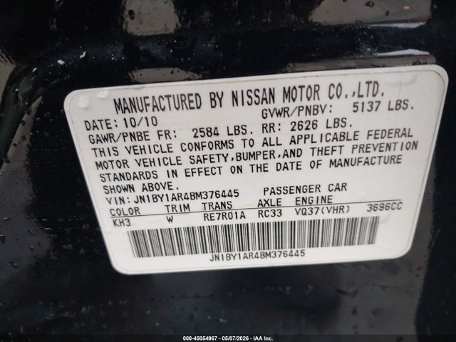 45054967 :رقم المزاد ، JN1BY1AR4BM376445 vin ، 2011 Infiniti M37x مزاد بيع