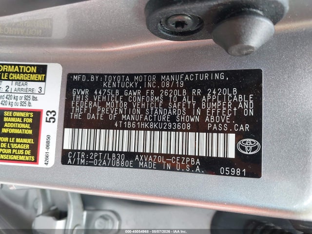Aukcja sprzedaży 2019 Toyota Camry Xse, vin: 4T1B61HK8KU293608, numer aukcji: 45054968
