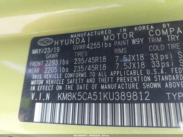 2019 Hyundai Kona Ultimate მანქანა იყიდება აუქციონზე, vin: KM8K5CA51KU389812, აუქციონის ნომერი: 45054978