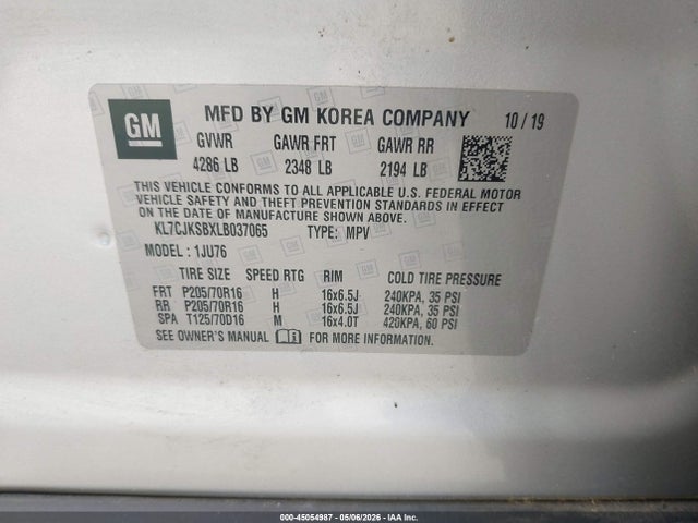 Продажа на аукционе авто 2020 Chevrolet Trax Fwd Ls, vin: KL7CJKSBXLB037065, номер лота: 45054987