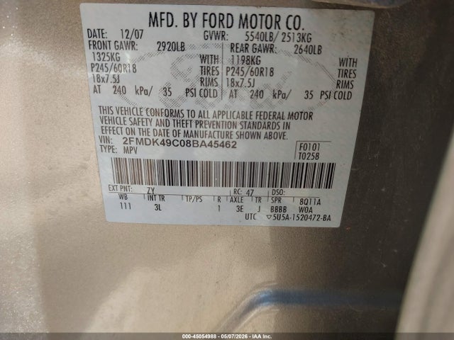Продажа на аукционе авто 2008 Ford Edge Limited, vin: 2FMDK49C08BA45462, номер лота: 45054988