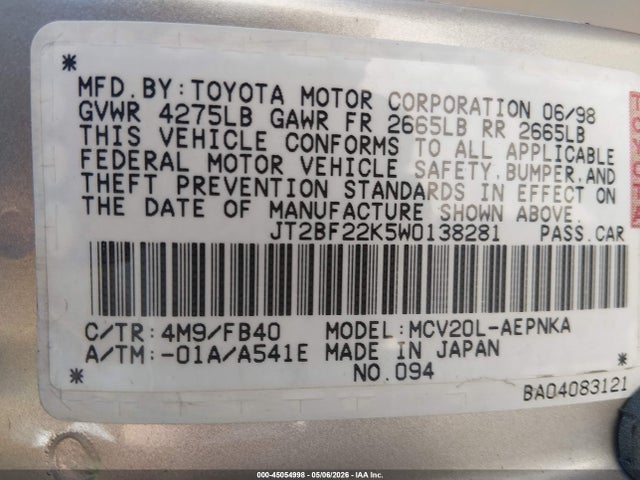 Продажа на аукционе авто 1998 Toyota Camry Le V6, vin: JT2BF22K5W0138281, номер лота: 45054998