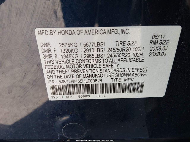 Aukcja sprzedaży 2017 Acura Mdx Technology Package, vin: 5J8YD4H55HL000828, numer aukcji: 45055000